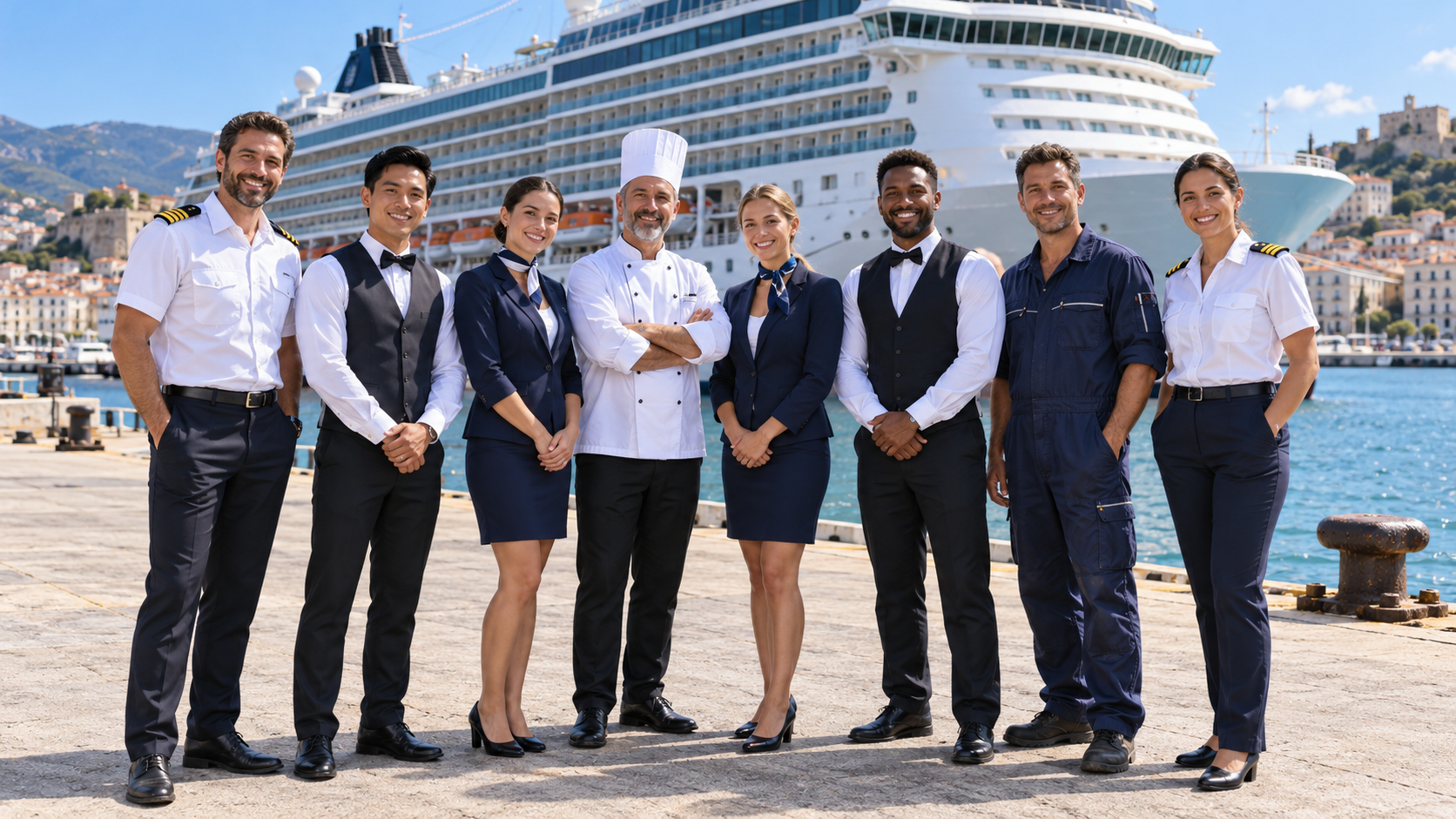 5. Testo alternativo dell’immagine — nel campo “Testo alternativo”: Cruise ship crew on the dock – Italian Police Certificate for Seafarers