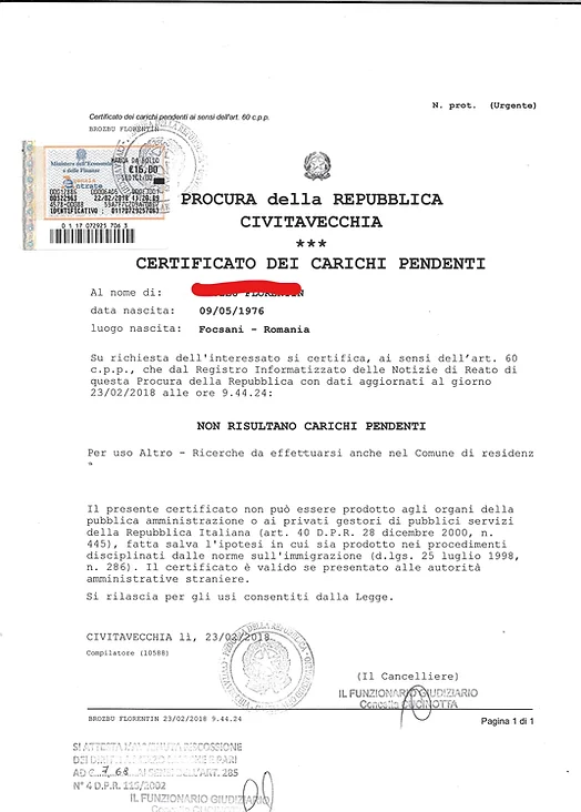 Italian Pending Charges Certificate -Ita