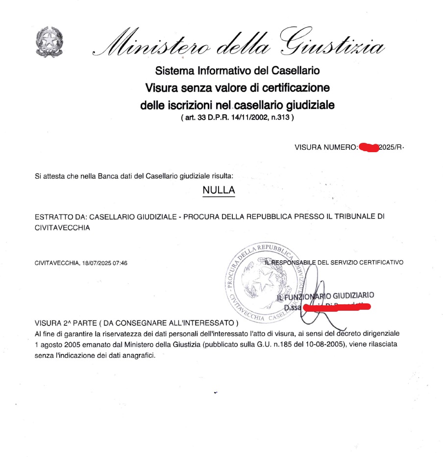 VISURA delle iscrizione del Casellario Giudiziale